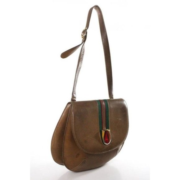 Gucci Vintage Tanmedium Brown Leather Shoulder Bag With Red Green Center - Picture 8 of 12